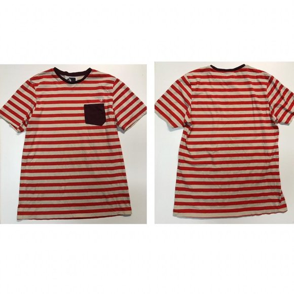 Volcom Men's Submission Red and Beige Striped Pocket T-shirt - Picture 5 of 5